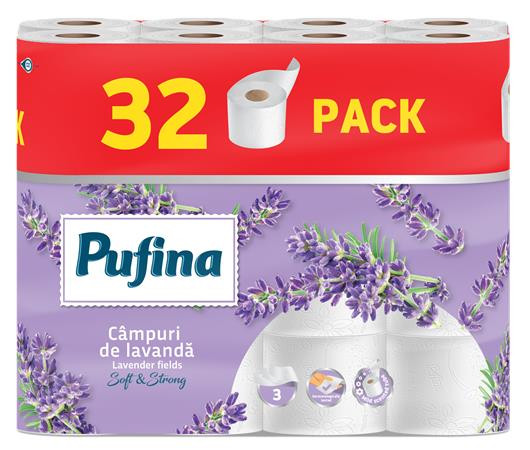 Toaletný papier, 3-vrstvový, malý kotúč, 32 kotúčov, PUFINA "Lavender Fields", s vôňou lev