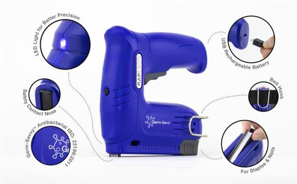 Sponkovacia pištoľ, bezdrôtová, elektrická, USB, RAPESCO Germ-Savvy "T12-USB", modrá