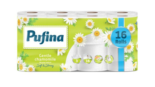 Toaletný papier, 3-vrstvový, malý kotúč, 16 kotúčov, PUFINA "Chamomile", s vôňou harmanček