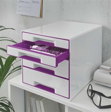 Zásuvkový box na dokumenty, plastový, 4 zásuvky, LEITZ "Wow Cube, biela/fialová