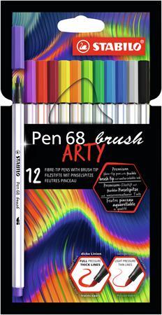 Vláknové fixky, sada, STABILO "Pen 68 brush ARTY", 12 rôznych farieb