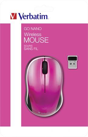 Myš, bezdrôtová, optická, stredná veľkosť, USB, VERBATIM "Go", cyklámenová