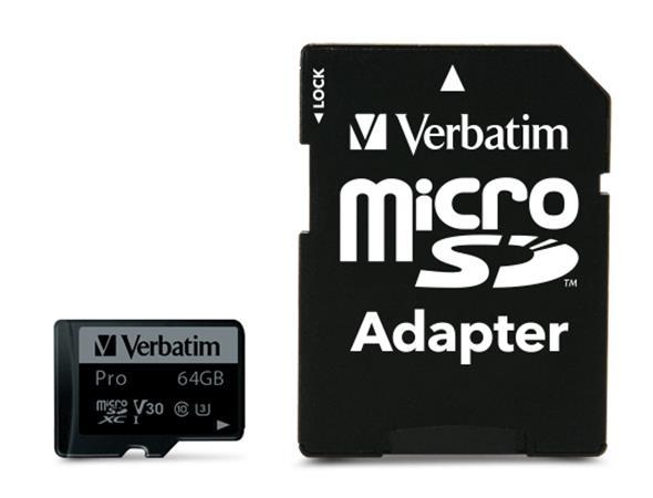Pamäťová karta, microSDXC, 64 GB, CL10/U3, 90/45 MB/s, s adaptérom, VERBATIM "PRO"