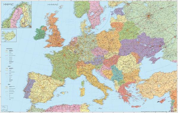 Nástenná mapa, 136x90 cm, kovová lišta, cestná mapa Európy, STIEFEL