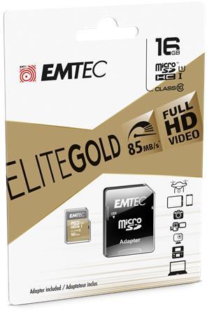 Pamäťová karta, microSDHC, 16GB, UHS-I/U1, 85/20 MB/s, adaptér, EMTEC "Elite Gold"