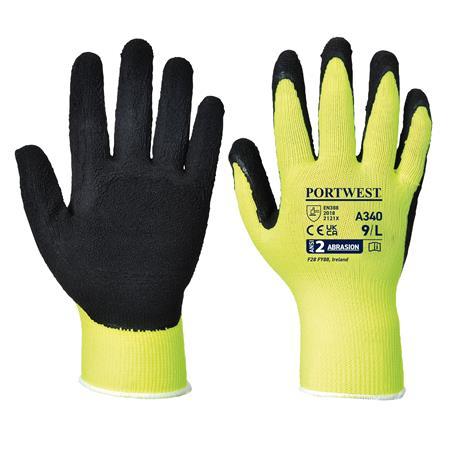 Ochranné rukavice, nylonové, latexová pena, máčaná dlaň, veľ. XL, "Hi-Vis Grip", žltá