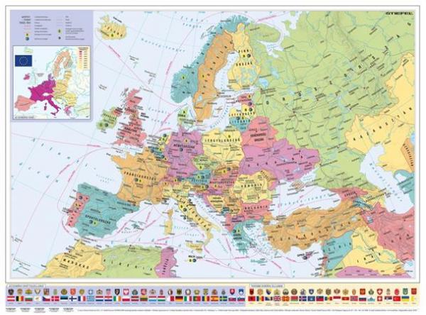 Nástenná mapa, 70x100cm, kovová lišta, Európske krajiny a Európska únia, STIEFEL