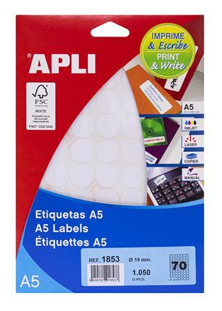 APLI Etikety, okrúhle, priemer: 19 mm, na liste formátu A5, 1050 ks/bal