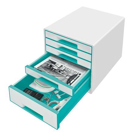 Zásuvkový box na dokumenty, plastový, 5 zásuviek, LEITZ "Wow Cube", biely/ľadovo modrý