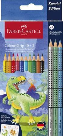 Farebné ceruzky, sada, trojhranné, FABER-CASTELL "Grip Dinosaurus" 10+3 rôznych farieb