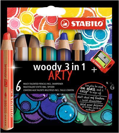 Farebná ceruzka, hrubá, STABILO "Woody ARTY 3 in 1", 6 rôznych farieb