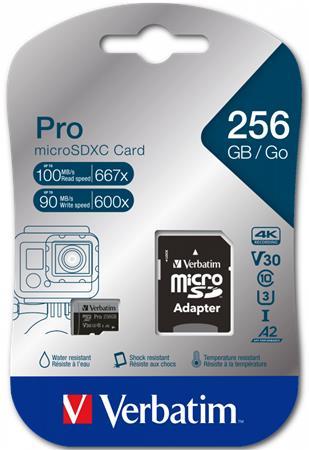 Pamäťová karta, microSDXC, 256 GB, CL10/U3/A2, 100/90 MB/s, s adaptérom, VERBATIM "PRO" 1