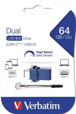 USB kľúč, 64GB, USB 3.0+USB-C adapter, VERBATIM "Dual"