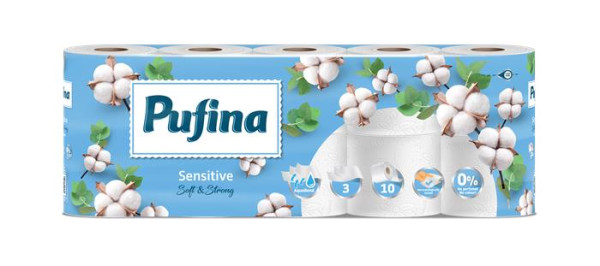 Toaletný papier, 3-vrstvový, malý kotúč, 10 kotúčov, PUFINA "Sensitive Aquabond", bez vône 1