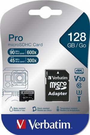 Pamäťová karta, microSDXC, 128 GB, CL10/U3, 90/45 MB/s, s adaptérom, VERBATIM "PRO" 1