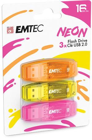 USB kľúč, 16GB, 3 ks, USB 2.0, EMTEC "C410 Neon", oranžová, žltá, ružová