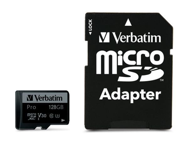 Pamäťová karta, microSDXC, 128 GB, CL10/U3, 90/45 MB/s, s adaptérom, VERBATIM "PRO" 2