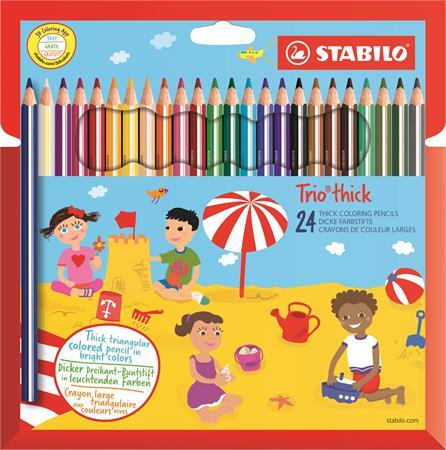 Farebné ceruzky, hrubé, trojhranný tvar, so strúhadlom, STABILO "Trio thick", 24 rôznych f