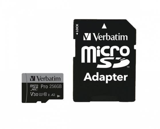 Pamäťová karta, microSDXC, 256 GB, CL10/U3/A2, 100/90 MB/s, s adaptérom, VERBATIM "PRO" 2