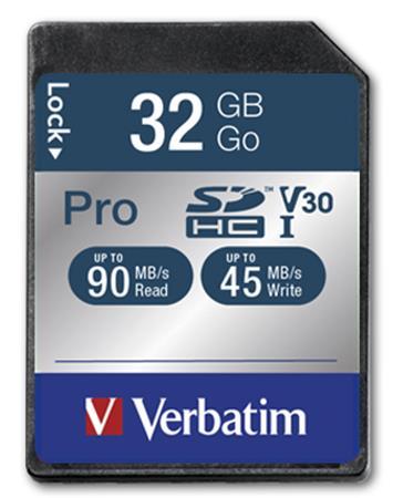 Pamäťová karta, SDHC, 32 GB, CL10/U3, 90/45MB/sec, VERBATIM "PRO"