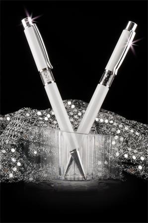 ART CRYSTELLA Guľôčkové pero, Crystals from SWAROVSKI®, biele, s bielymi krištáľmi v strede tela, 14cm