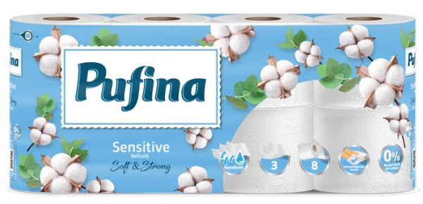 Toaletný papier, 3 vrstvový, malá rolka, 8 roliek, PUFINA "Sensitive Aquabond", bez vône