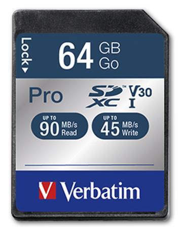 Pamäťová karta, SDXC, 64G B, CL10/U3, 90/45MB/sec, VERBATIM "PRO"