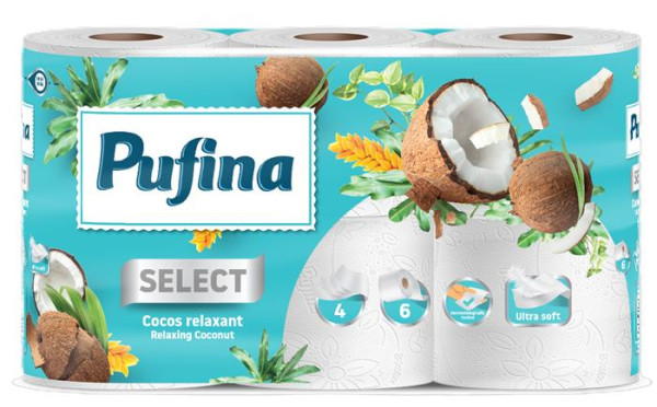 Toaletný papier, 4 vrstvový, malé rolky, 6 roliek, PUFINA "Relaxing Coconut", s kokosovou