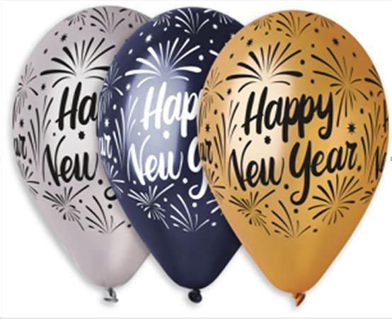 . Balón, 33 cm, "Happy New Year", 3 rôzne farby