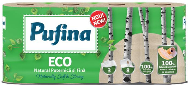 Toaletný papier, 3-vrstvový, malý kotúč, 8 kotúčov, PUFINA "Eco", nebielený a bez chemikál