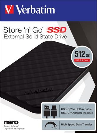 SSD (externý disk), 512GB, USB 3.2 VERBATIM "Store n Go", čierna