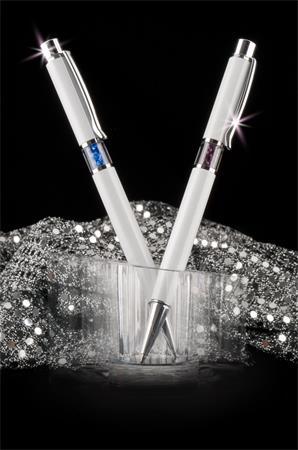 ART CRYSTELLA Guľôčkové pero, Crystals from SWAROVSKI®, biele, so zafírovo modrými krištáľmi v strede te