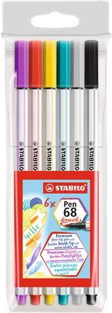 Fixky v tvare štetca, STABILO "Pen 68 brush", 6 farieb