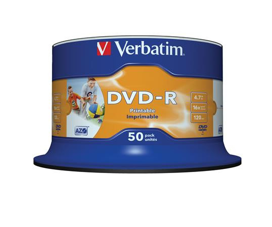 DVD-R disk, potlačiteľný, matný, no-ID, 4,7GB, 16x, cake box, VERBATIM 1