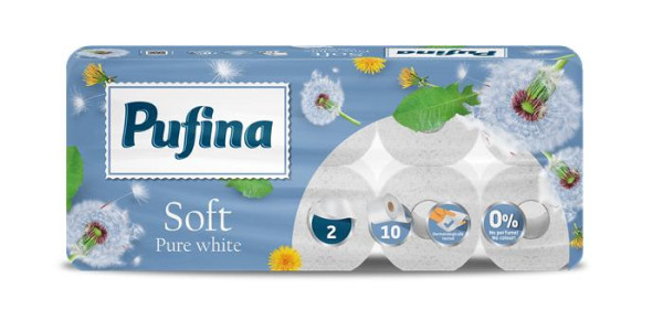 Toaletný papier, 2-vrstvový, malý kotúč, 10 kotúčov, PUFINA "Soft White", bez vône