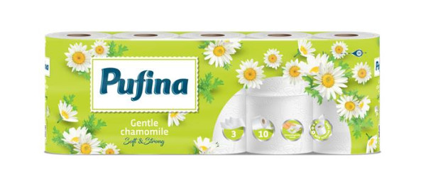 Toaletný papier, 3-vrstvový, malý kotúč, 10 kotúčov, PUFINA "Chamomile", s vôňou harmanček