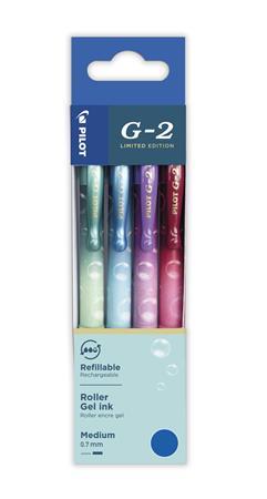 Gélové pero, sada, 0,32 mm, stláčací mechanizmus, PILOT "G-2 Bubble", kék, 4 rôzne vzory 1