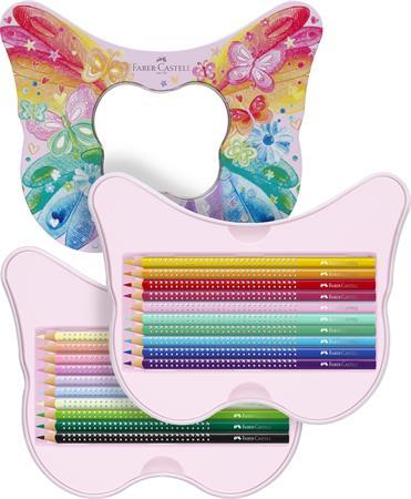 Farebné ceruzky, sada, kovová krabica, FABER-CASTELL "Sparkle", 20 rôznych farieb, motýľ