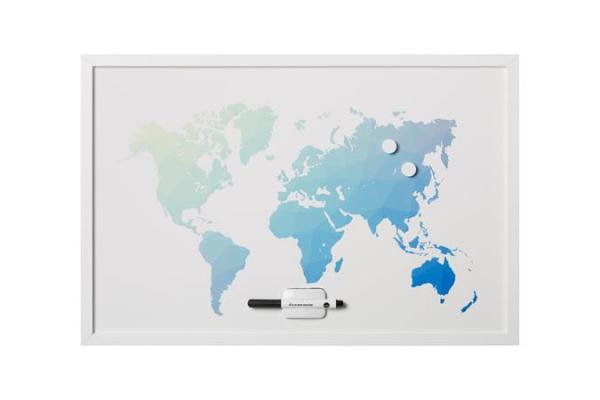 Odkazová tabuľa, magnetická, 60x40 cm, biely drevený rám, VICTORIA, "Mapa sveta"