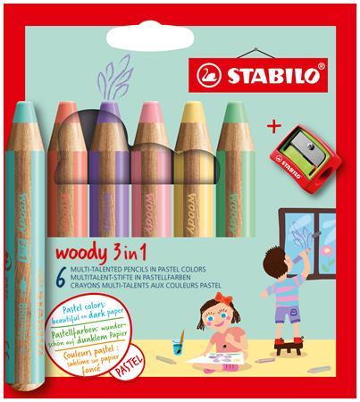 Farebná ceruzka, sada, hrubá, STABILO "Woody 3 in 1 Pastel", 6 rôznych pastelových farieb